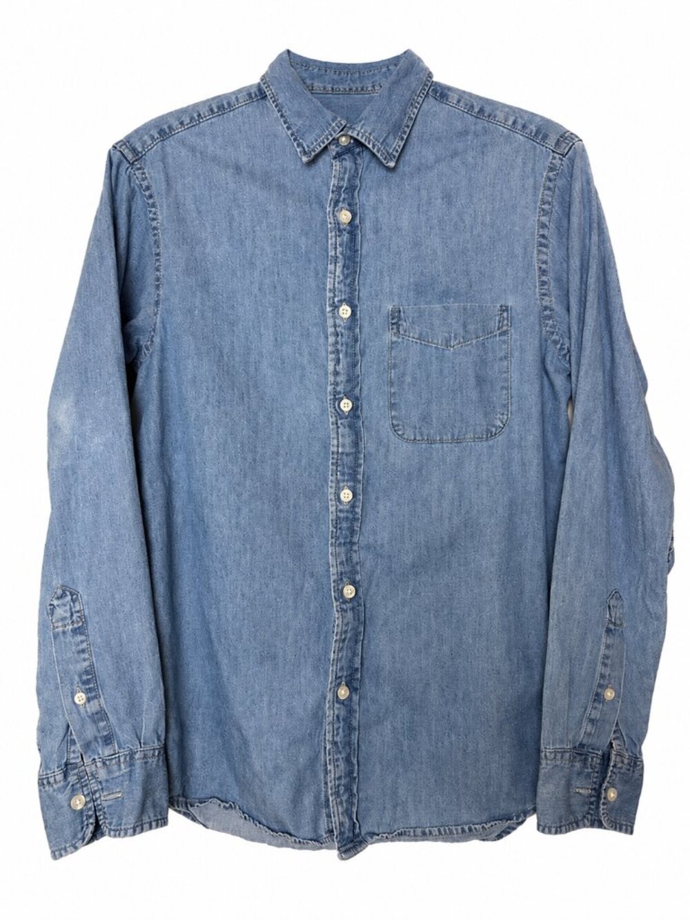 Men's Small Denim Button Down Shirt 100% Cotton Light Wash Long Sleeve